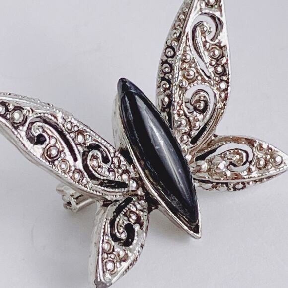 Vintage Silver Tone Butterfly Brooch Black Glass Marcasite Style 1970s - Picture 4 of 10